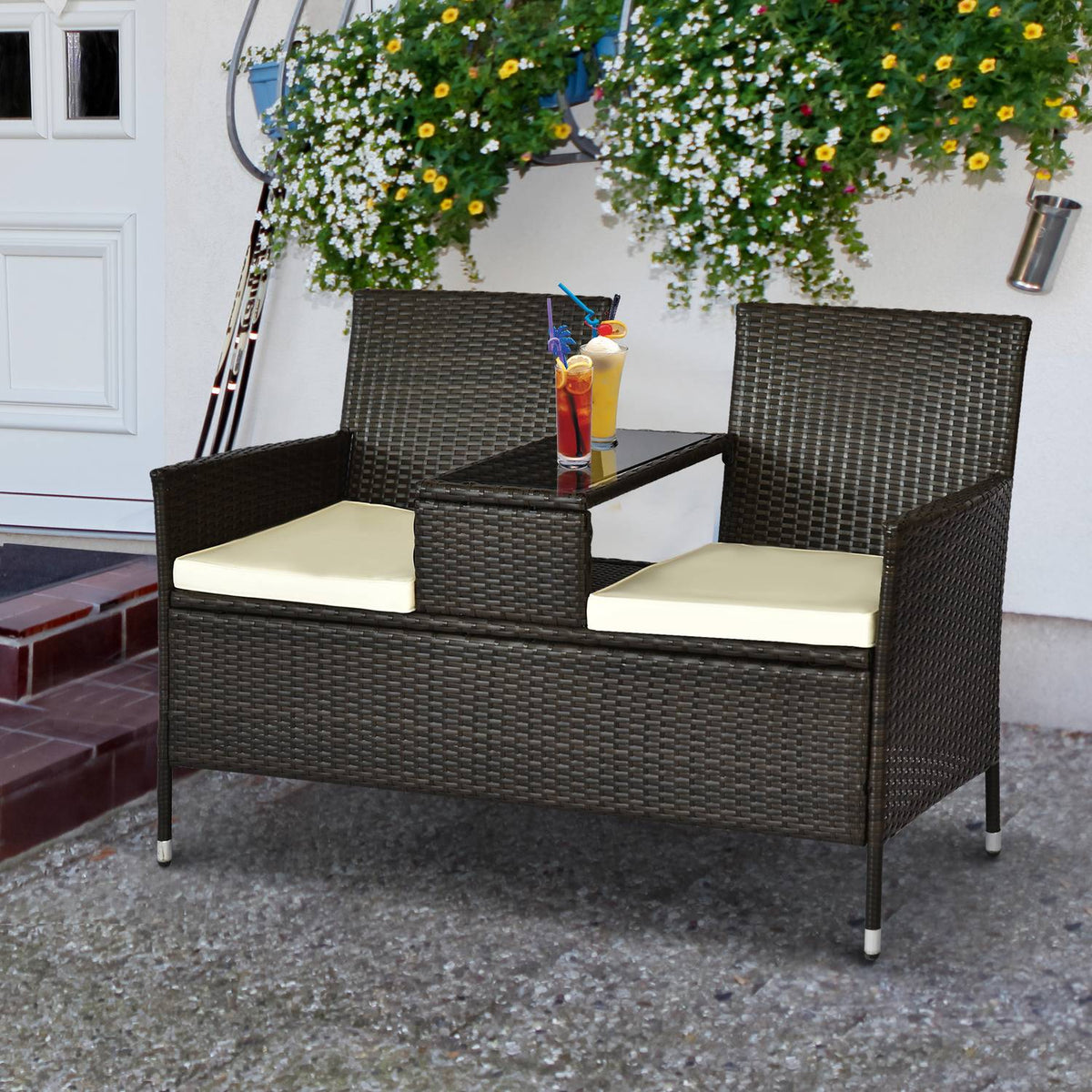 Polyrattan Bench 2-Seater Table Garden Bench Steel Frame Brown W133Xd63Xh84Cm