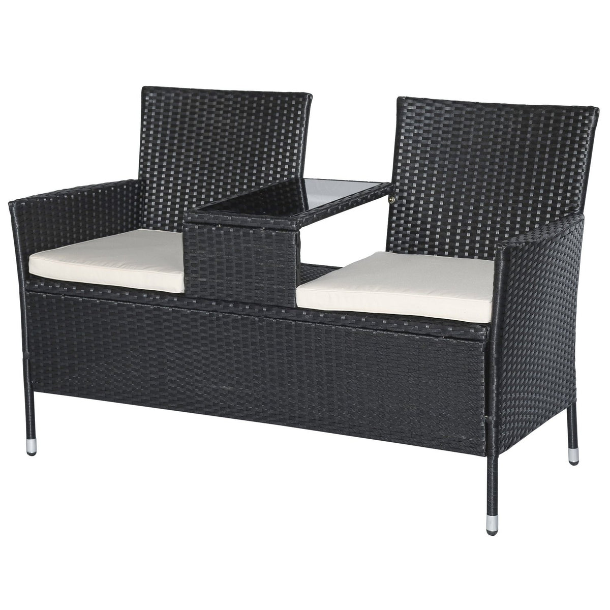 Polyrattan Garden Bench Garden Sofa Bench With Table 2-Seater Steel Black W133 X D63 X H84Cm