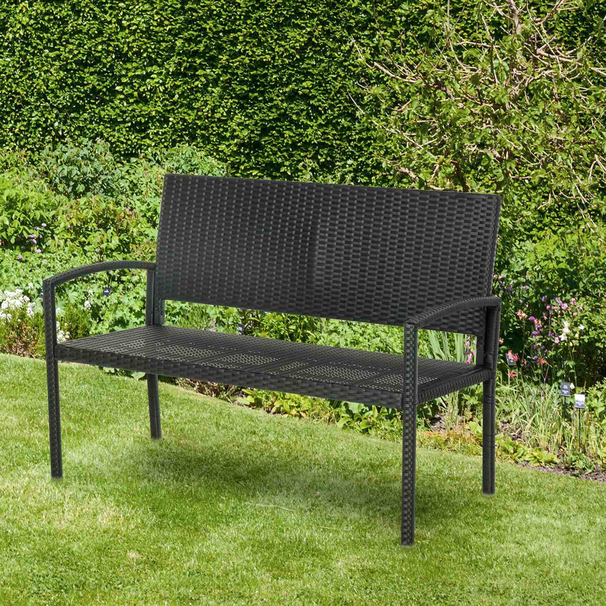 Polyrattan Garden Bench Park Bench 2-Seater Wicker Steel Black W122 X D60 X H87Cm