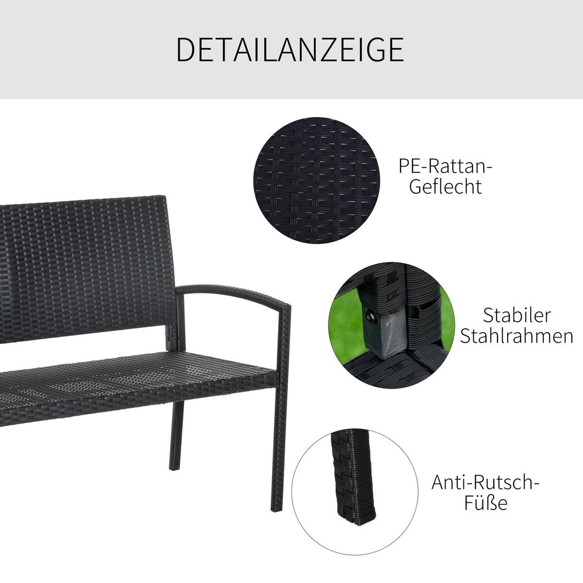 Polyrattan Garden Bench Park Bench 2-Seater Wicker Steel Black W122 X D60 X H87Cm