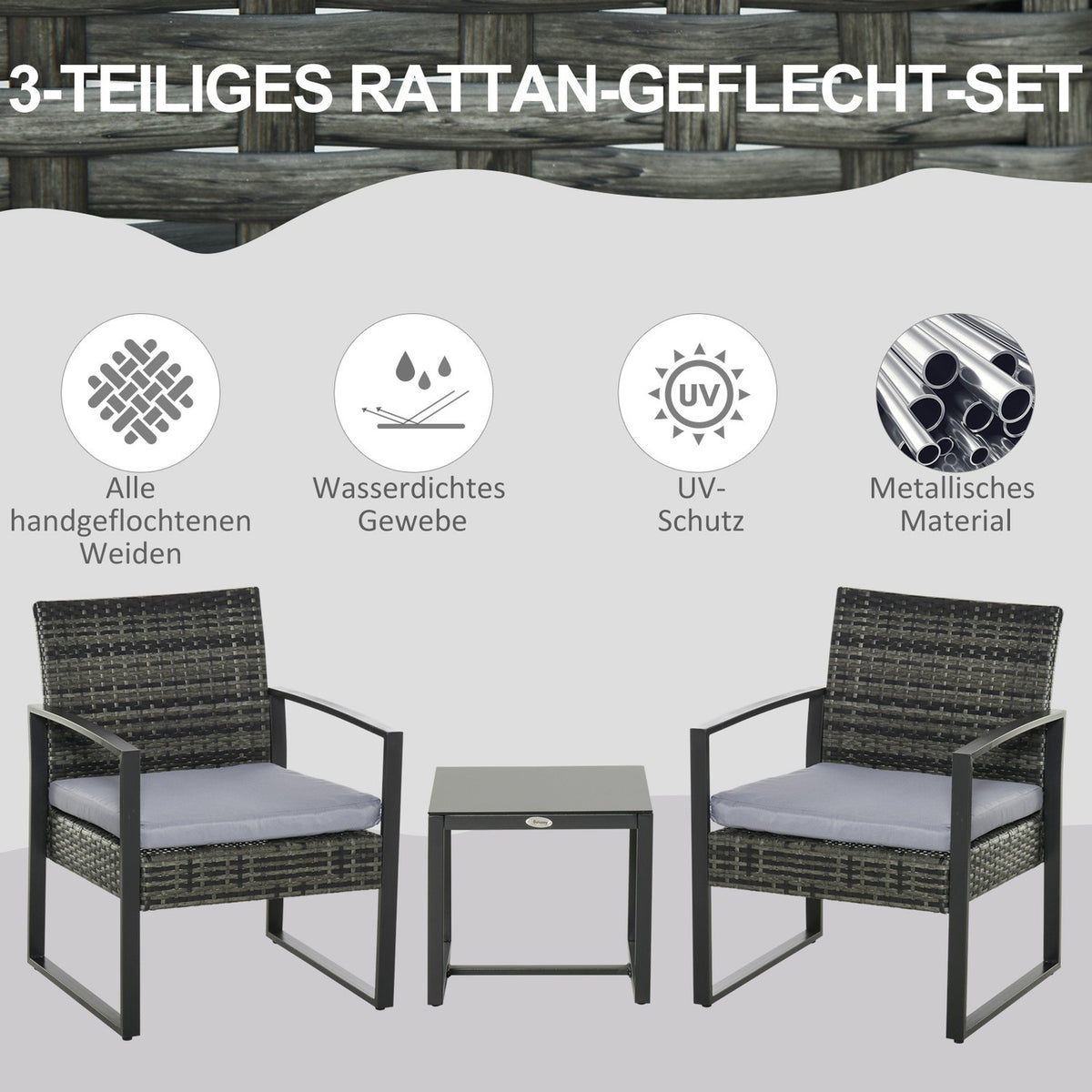 Polyrattan Garden Furniture 2 Person Balcony Set Cushion Gray