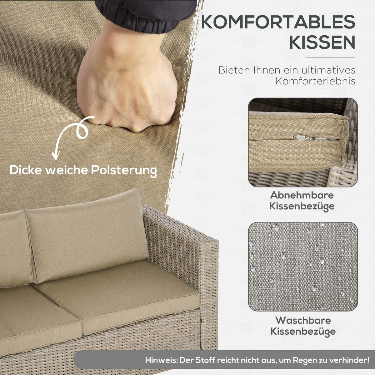 Polyrattan Garden Furniture Set 4 People Lounge Furniture Coffee Table Seat Cushion Khaki + Beige