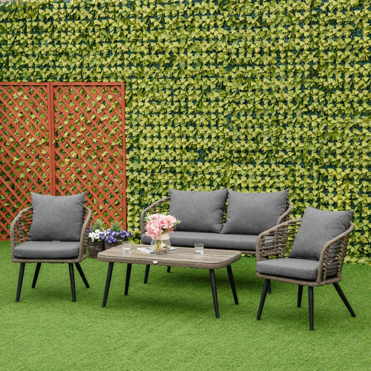 Polyrattan Garden Furniture Set For 4 People Rat Sofa Set Tea Table With Sofa Cushions Steel Brown + Gray