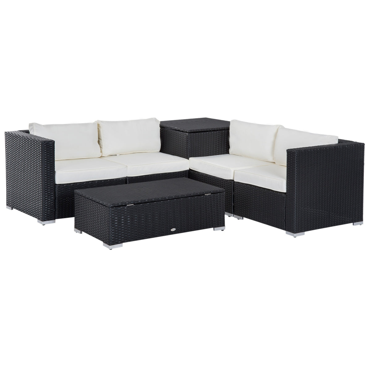 Polyrattan Garden Furniture Set For 4 People, Seating Set With Cushions, Seating Group Table With Storage Space, Black + Cream