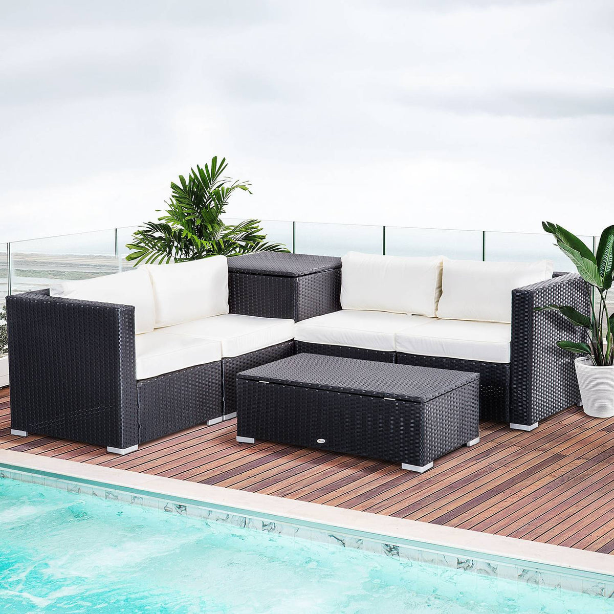 Polyrattan Garden Furniture Set For 4 People, Seating Set With Cushions, Seating Group Table With Storage Space, Black + Cream