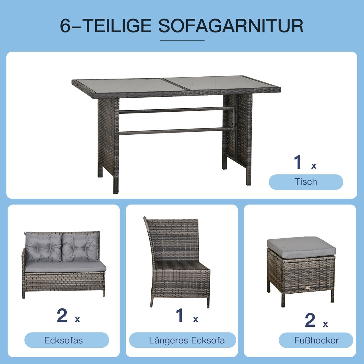 Polyrattan Garden Furniture Set Lounge In Gray, Including Sofa Set & Cushions, Ideal For Outdoor & Terrace