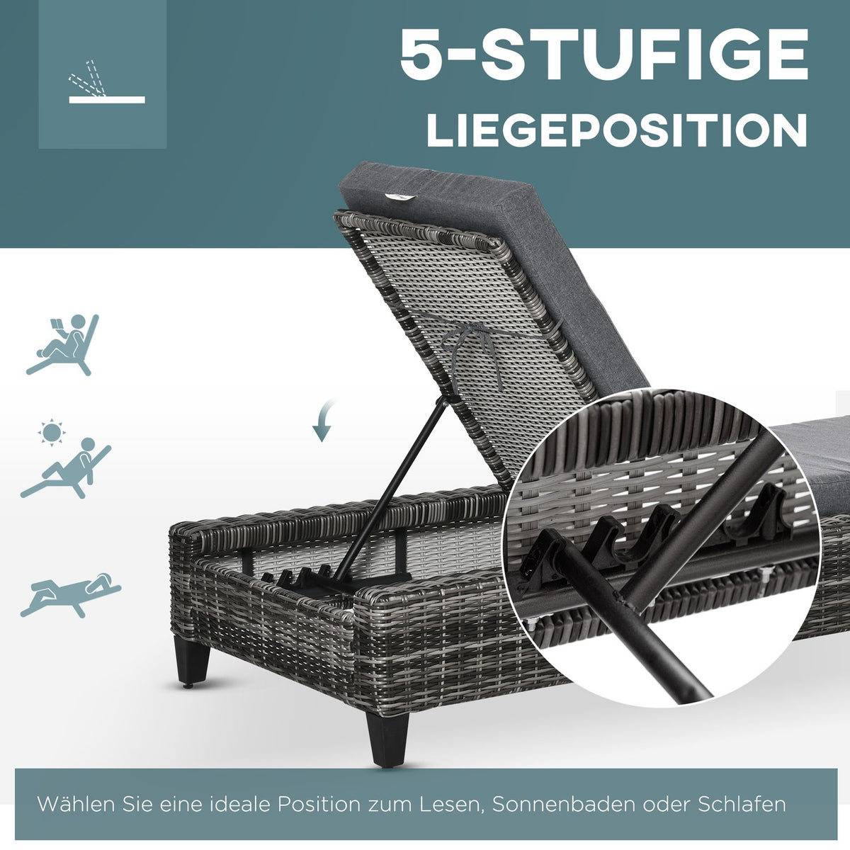 Polyrattan Garden Lounger With Cushion Sun Lounger 5-Level Adjustable Rattan Lounger Garden Furniture Lounger Steel Gray 72 X 198 X 30 Cm
