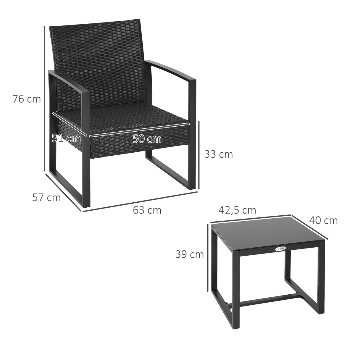 Polyrattan Garden Set For 2 People Balcony Furniture Set With Cushions Black
