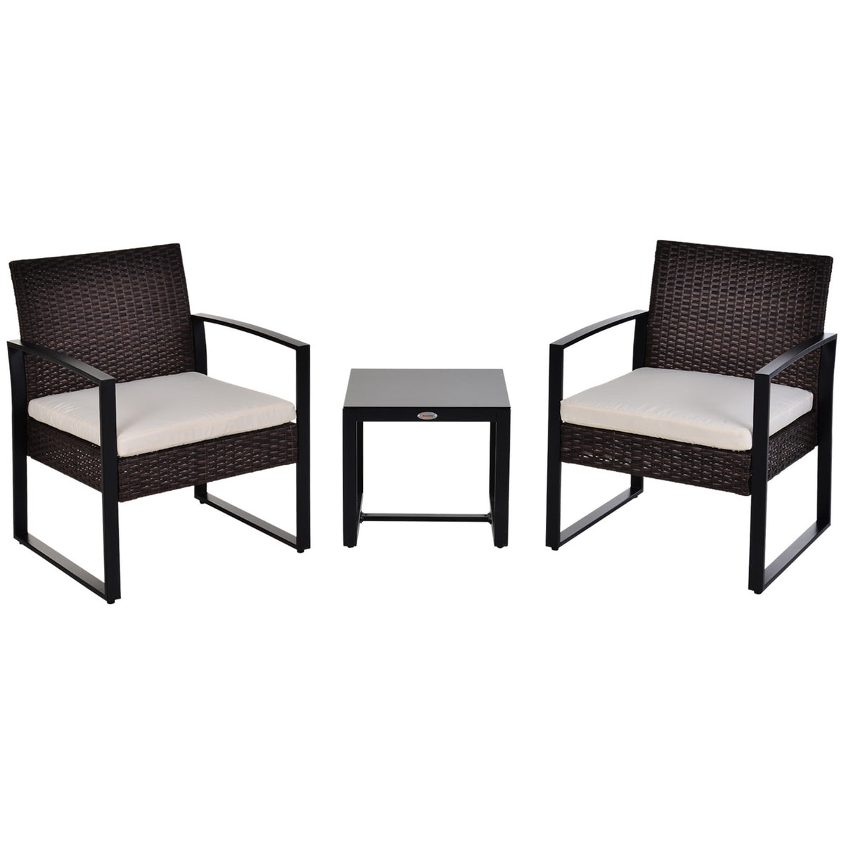 Polyrattan Garden Set For 2 People Balcony Furniture Set With Cushions Brown + Cream
