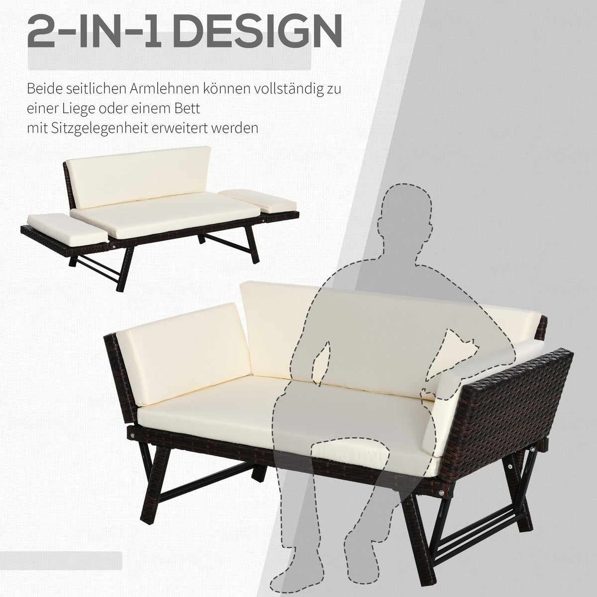 Polyrattan Garden Sofa 2 Seater Garden Furniture Lounge Sofa Garden Bench Garden Lounger Folding Armrests Steel Brown 129 X 63 X 67 Cm