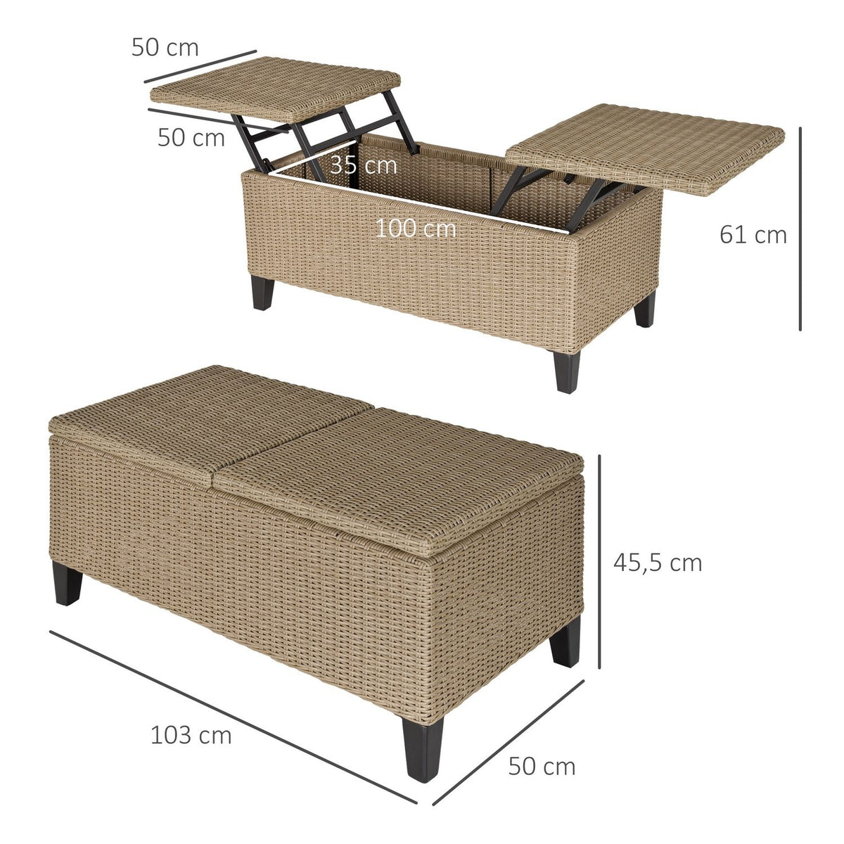 Polyrattan Garden Table Extendable Coffee Table Steel Khaki 103X50X45.5Cm