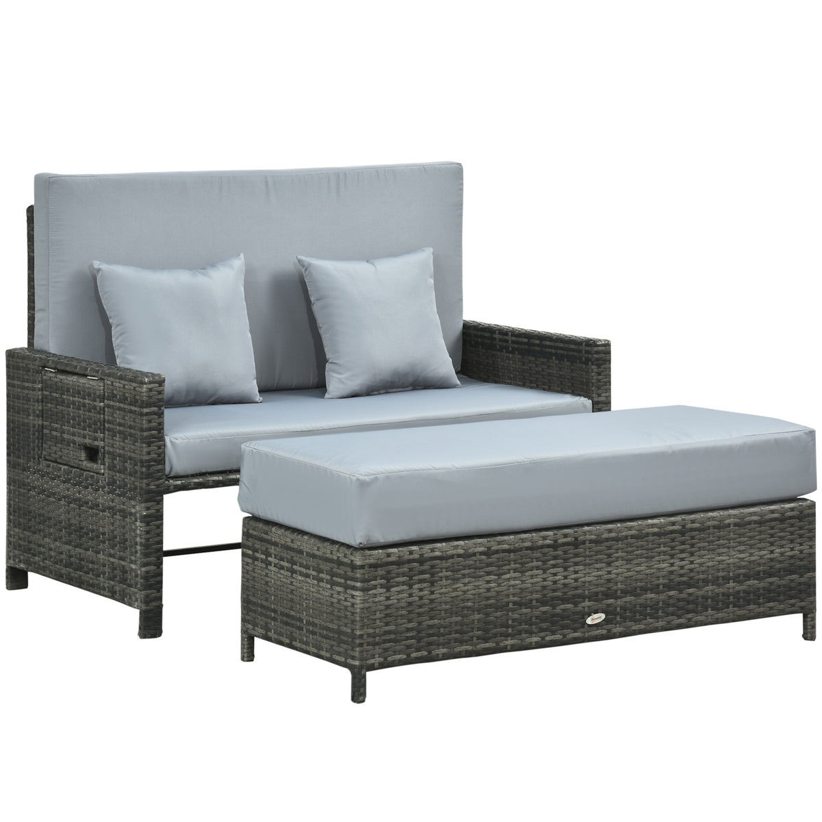 Polyrattan Lounge Sofa Garden Sofa 2-Seater With Cushion & Stool Garden Lounger Gray