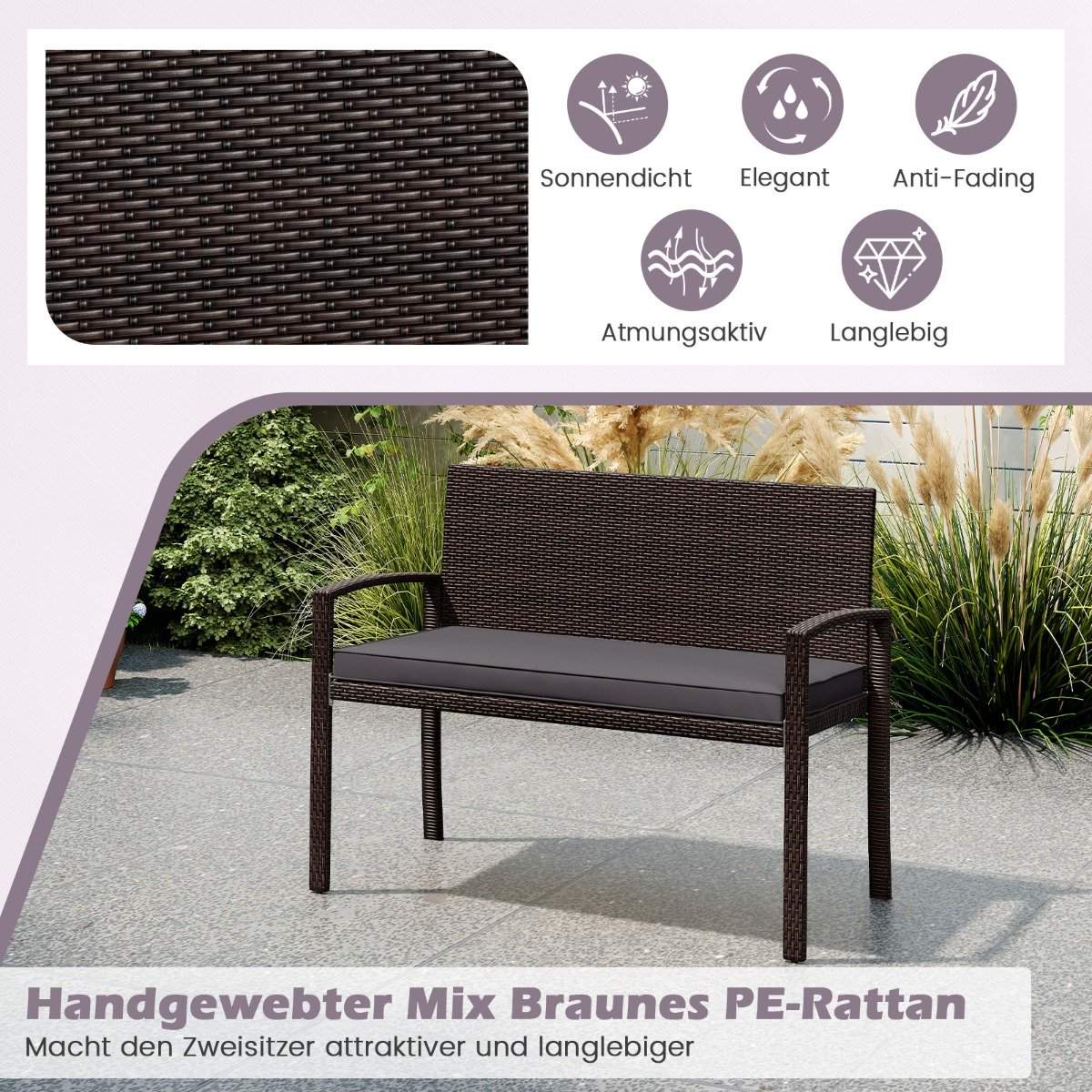 Polyrattan Outdoor Bench with Cushion, Weatherproof, 360kg Capacity