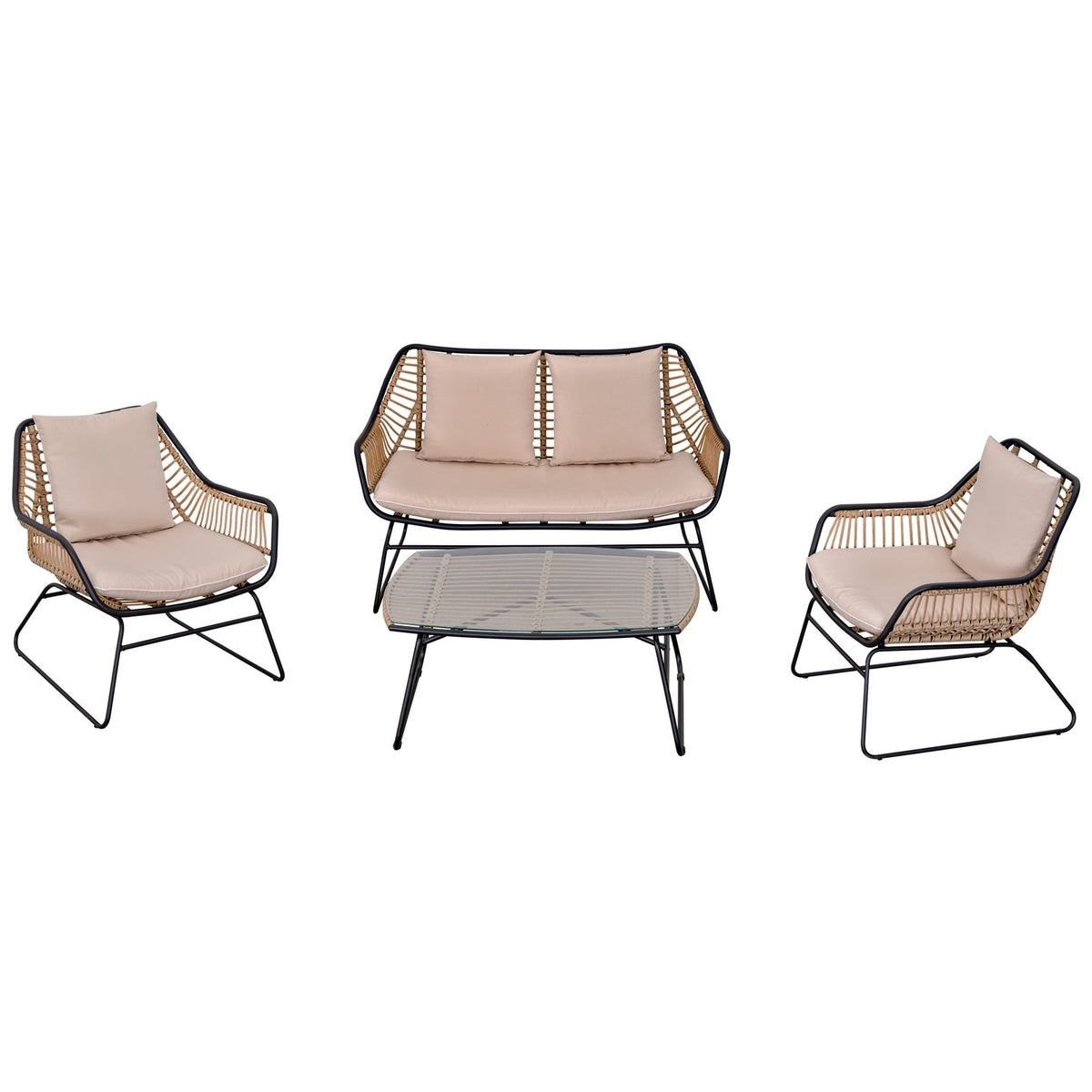 Polyrattan Rat Sofa Set For 4 Person Tempered Glass Tea Table Bench With Table & Cushions Steel Frame Steel Polyester Khaki+Beige