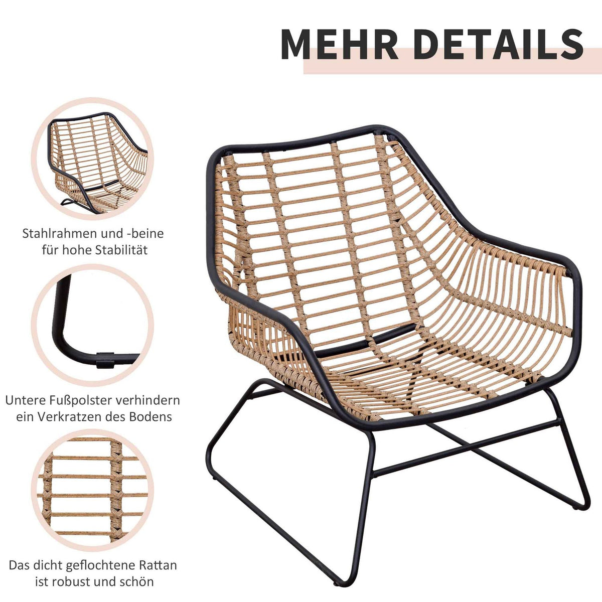 Polyrattan Rat Sofa Set For 4 Person Tempered Glass Tea Table Bench With Table & Cushions Steel Frame Steel Polyester Khaki+Beige