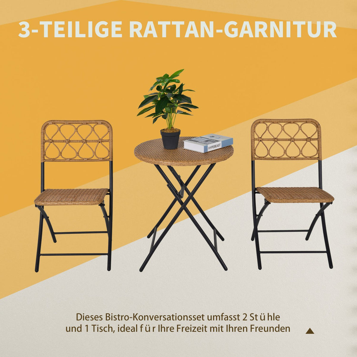Polyrattan Seating Group For 2 People Bistro Set Balcony Furniture Set Foldable Natural