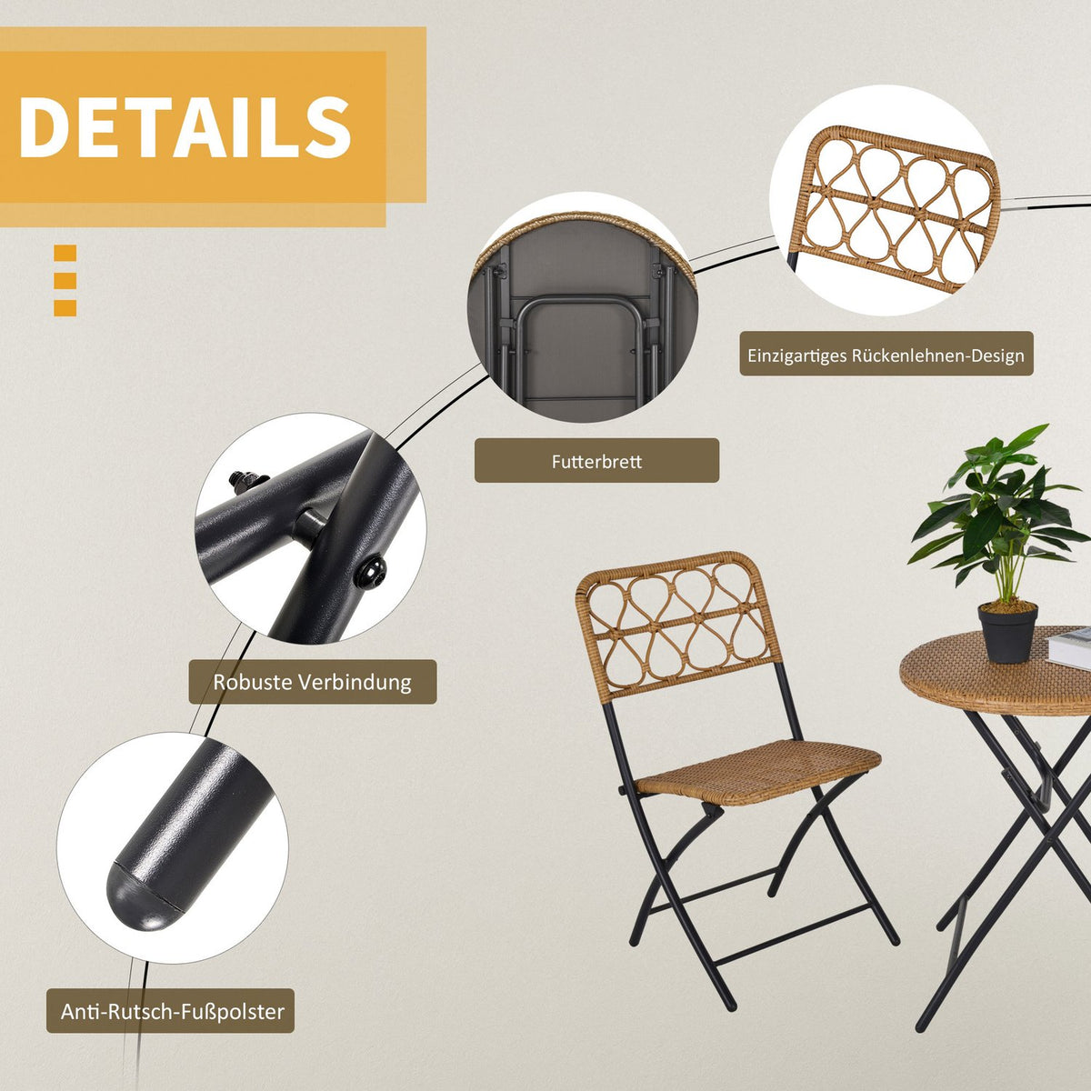 Polyrattan Seating Group For 2 People Bistro Set Balcony Furniture Set Foldable Natural