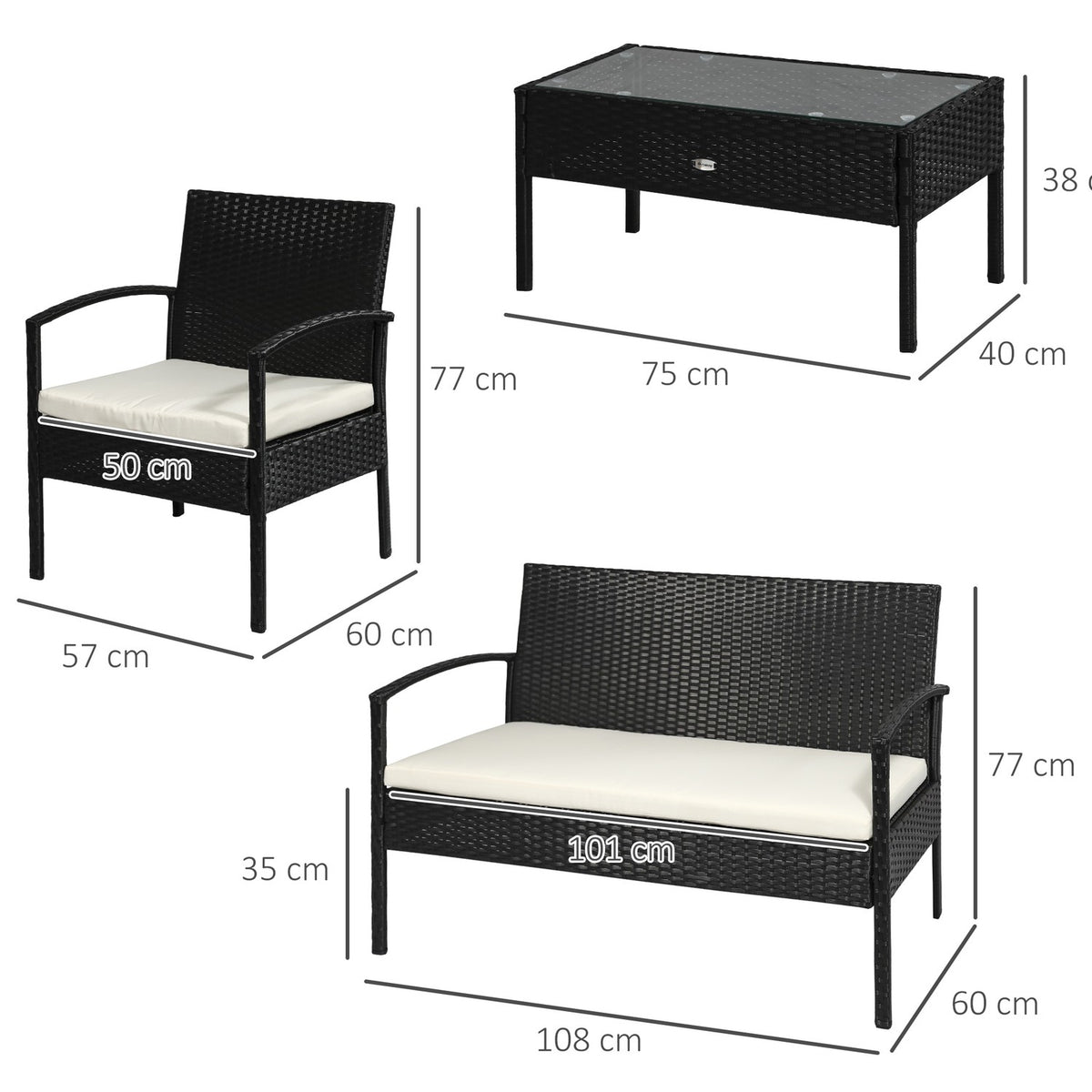 Polyrattan Seating Group For 4 Lounge Sofa Garden Set With Cushions, Black