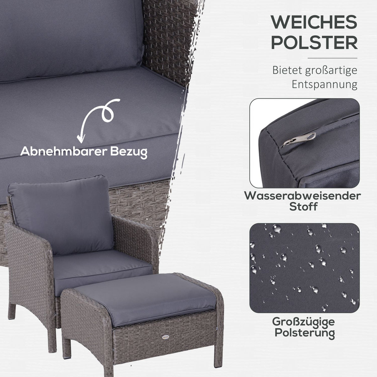 Polyrattan Seating Group In Dark Gray, Including 2 Armchairs, Coffee Table, Stool & Cushions, For Outdoor Use