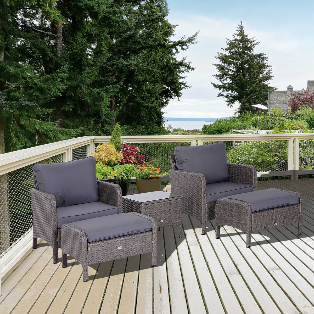 Polyrattan Seating Group In Dark Gray, Including 2 Armchairs, Coffee Table, Stool & Cushions, For Outdoor Use
