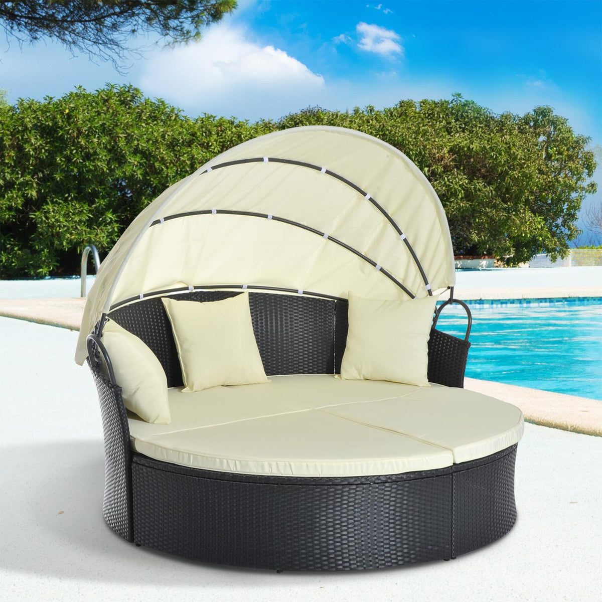 Polyrattan Sun Island With Foldable Sun Canopy Lounge Sun Lounger Garden Lounger Set Garden Set Cream 171 X 180 X 155 Cm
