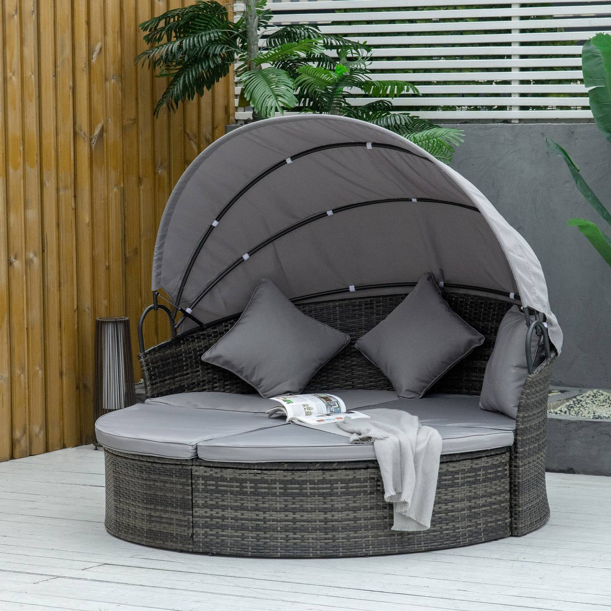 Polyrattan Sun Island With Foldable Sun Canopy Lounge Sun Lounger Garden Lounger Set Garden Set Gray 171 X 180 X 155 Cm