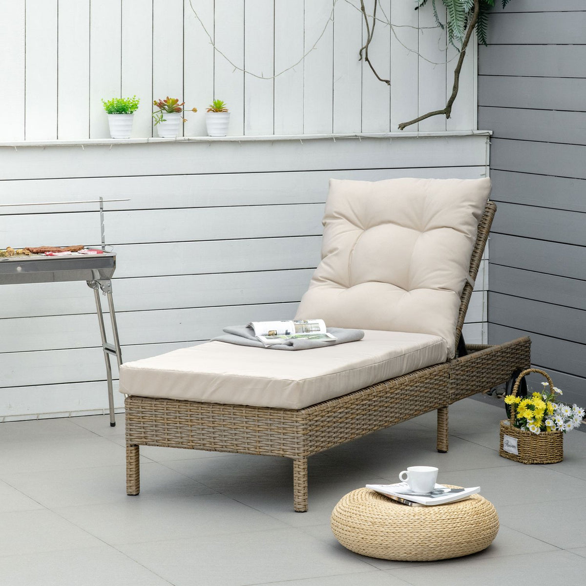 Polyrattan Sun Lounger Garden Lounger Adjustable Cushion Natural Khaki 200X66X92Cm