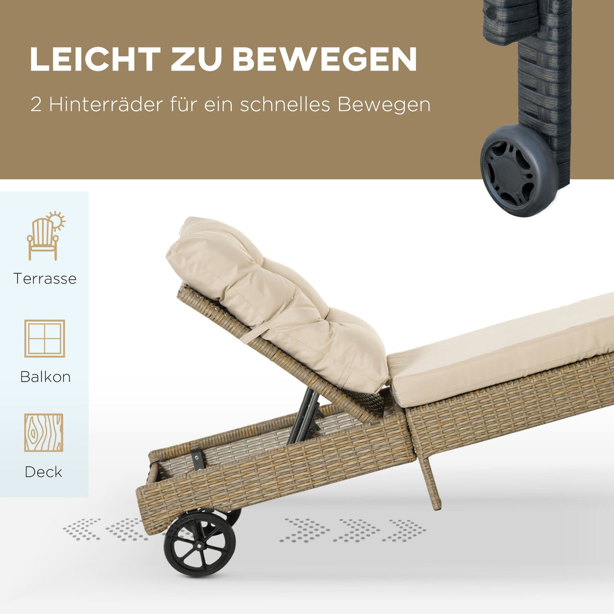 Polyrattan Sun Lounger Garden Lounger Adjustable Cushion Natural Khaki 200X66X92Cm