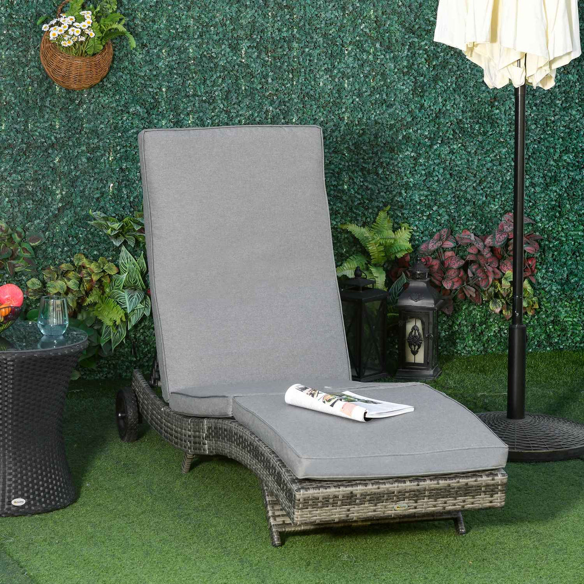 Polyrattan Sun Lounger Garden Lounger with Cushion 5-Level Adjustable S-Shape Garden Furniture Metal Gray 207 x 70 x 70 cm