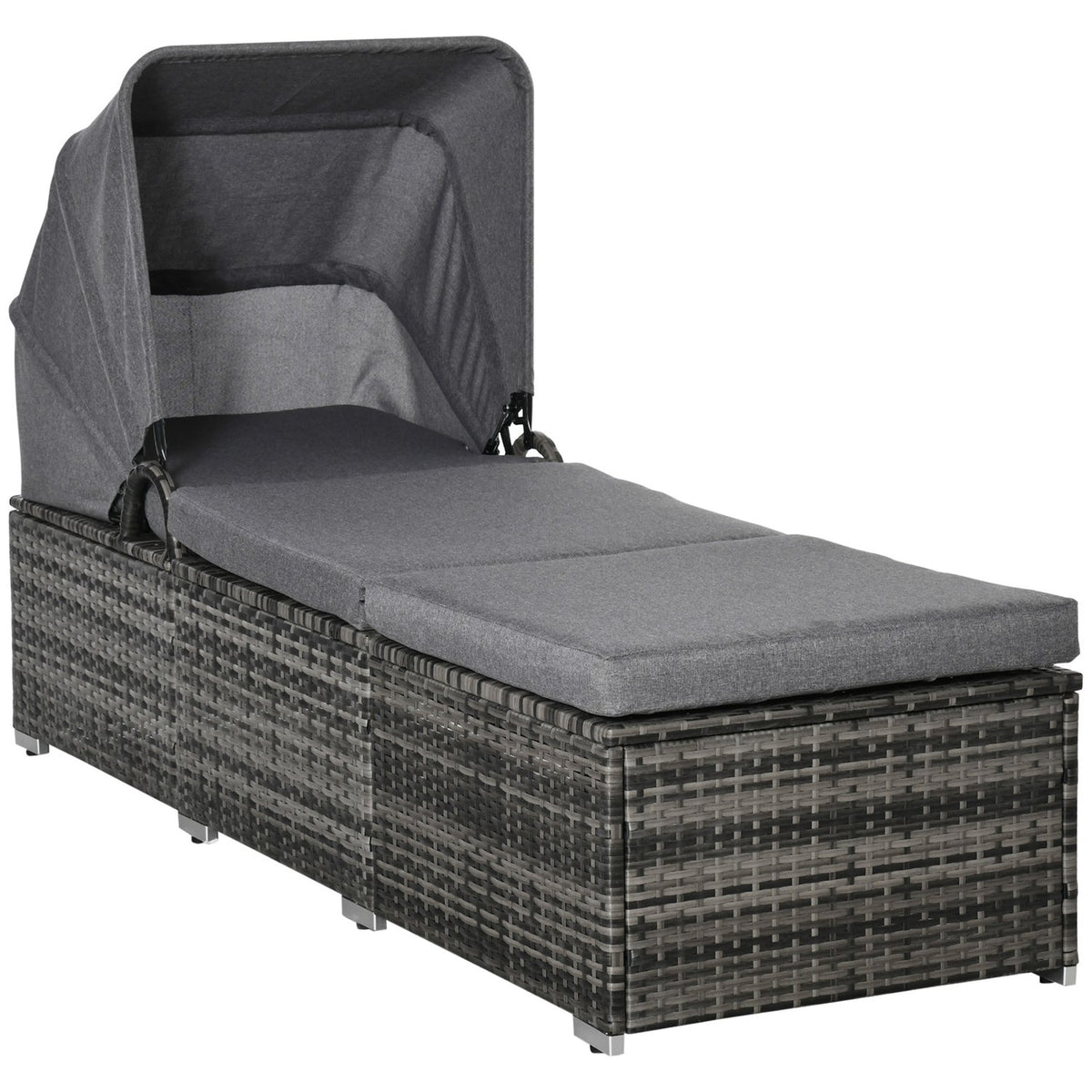 Polyrattan Sun Lounger With Sun Canopy Adjustable Garden Lounger Rattan Lounger With Cushion Gray 195 X 65 X 40 Cm