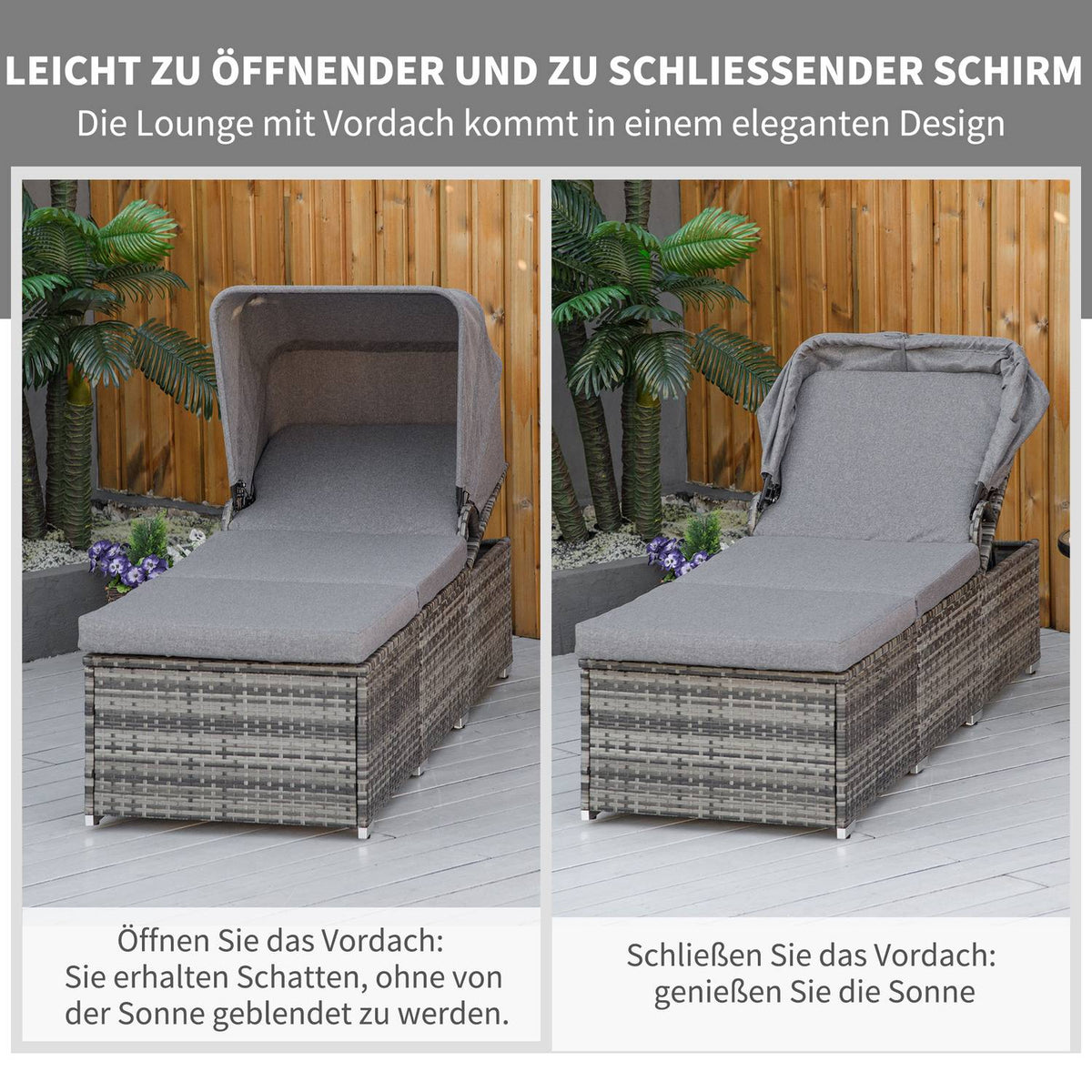 Polyrattan Sun Lounger With Sun Canopy Adjustable Garden Lounger Rattan Lounger With Cushion Gray 195 X 65 X 40 Cm
