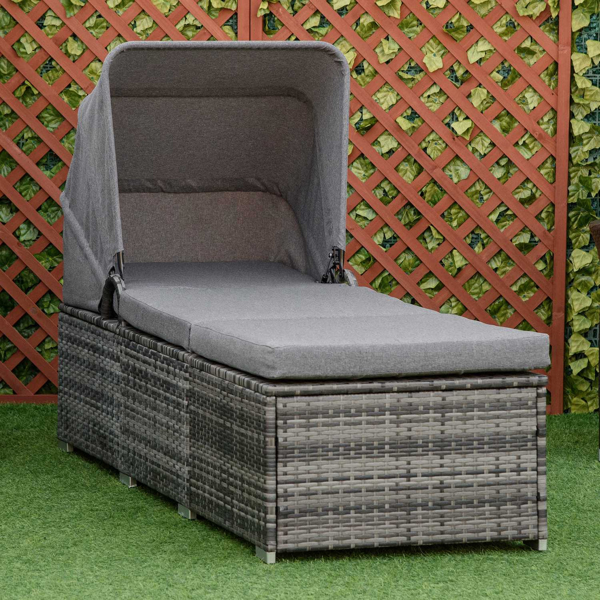 Polyrattan Sun Lounger With Sun Canopy Adjustable Garden Lounger Rattan Lounger With Cushion Gray 195 X 65 X 40 Cm