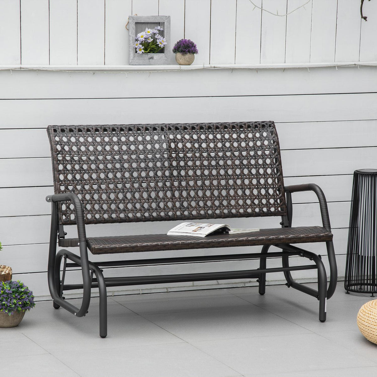 Polyrattan Swing Bench 2-Seater Outdoor Patio Garden Loveseat Garden Swing With Backrest Bench Park Bench Brown 70 X 120 X 84 Cm