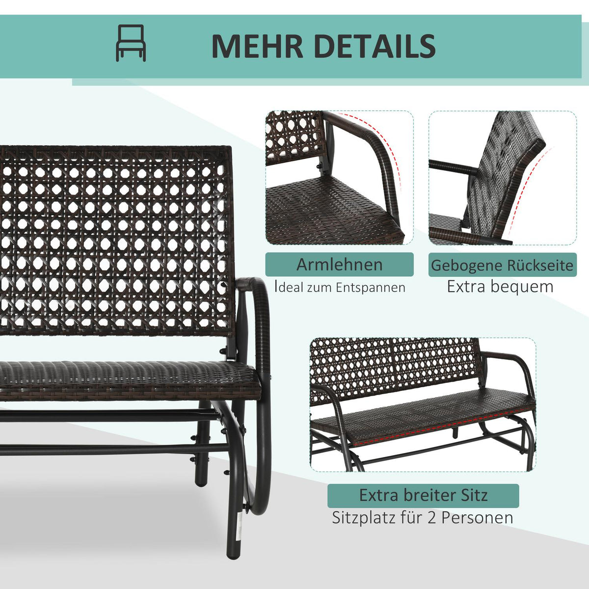 Polyrattan Swing Bench 2-Seater Outdoor Patio Garden Loveseat Garden Swing With Backrest Bench Park Bench Brown 70 X 120 X 84 Cm