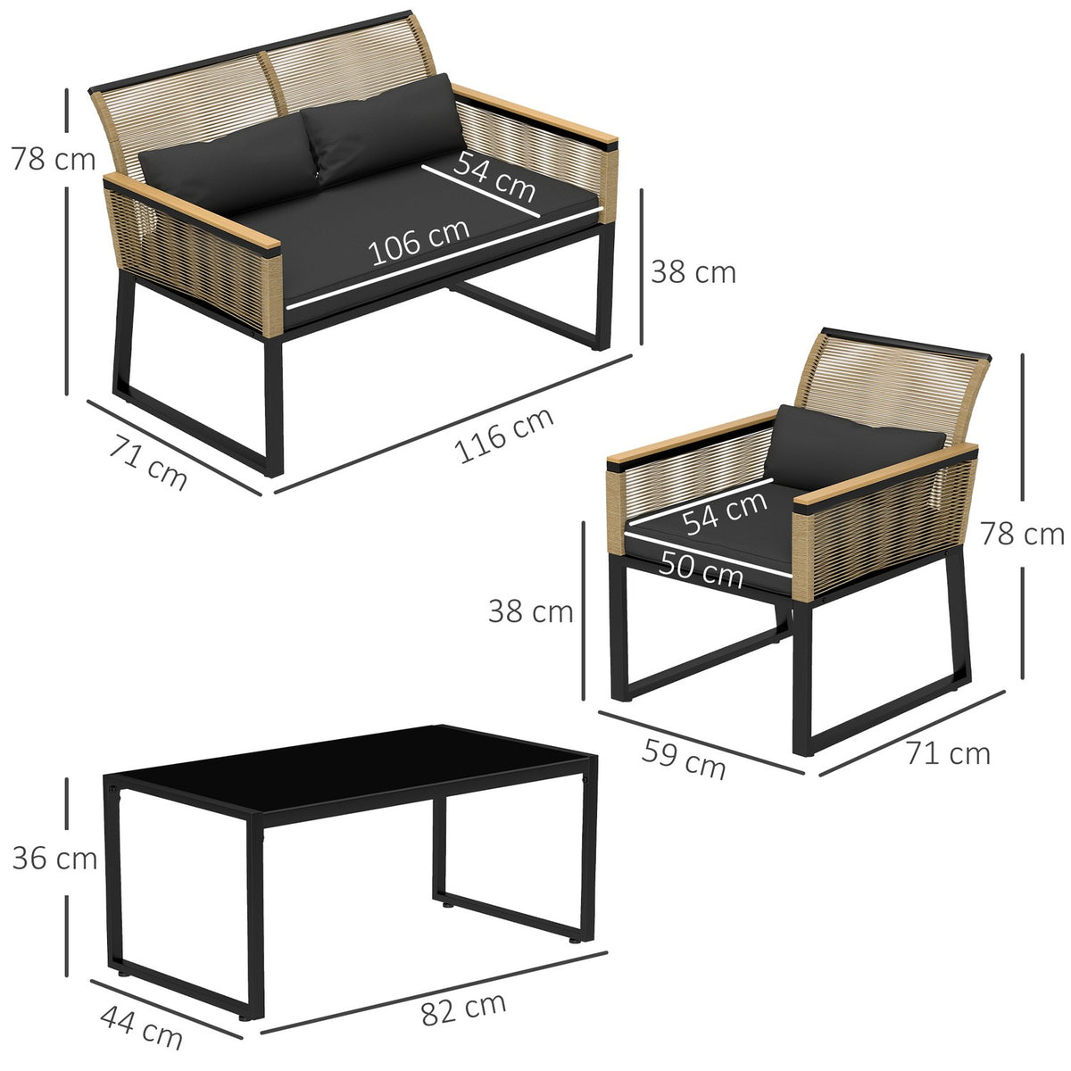 Polyrattan garden furniture set for 4 people, weatherproof balcony furniture set with 2 sofas, 2 chairs, glass table seat cushions, outdoor seating group, patio furniture garden set for garden balcony, black