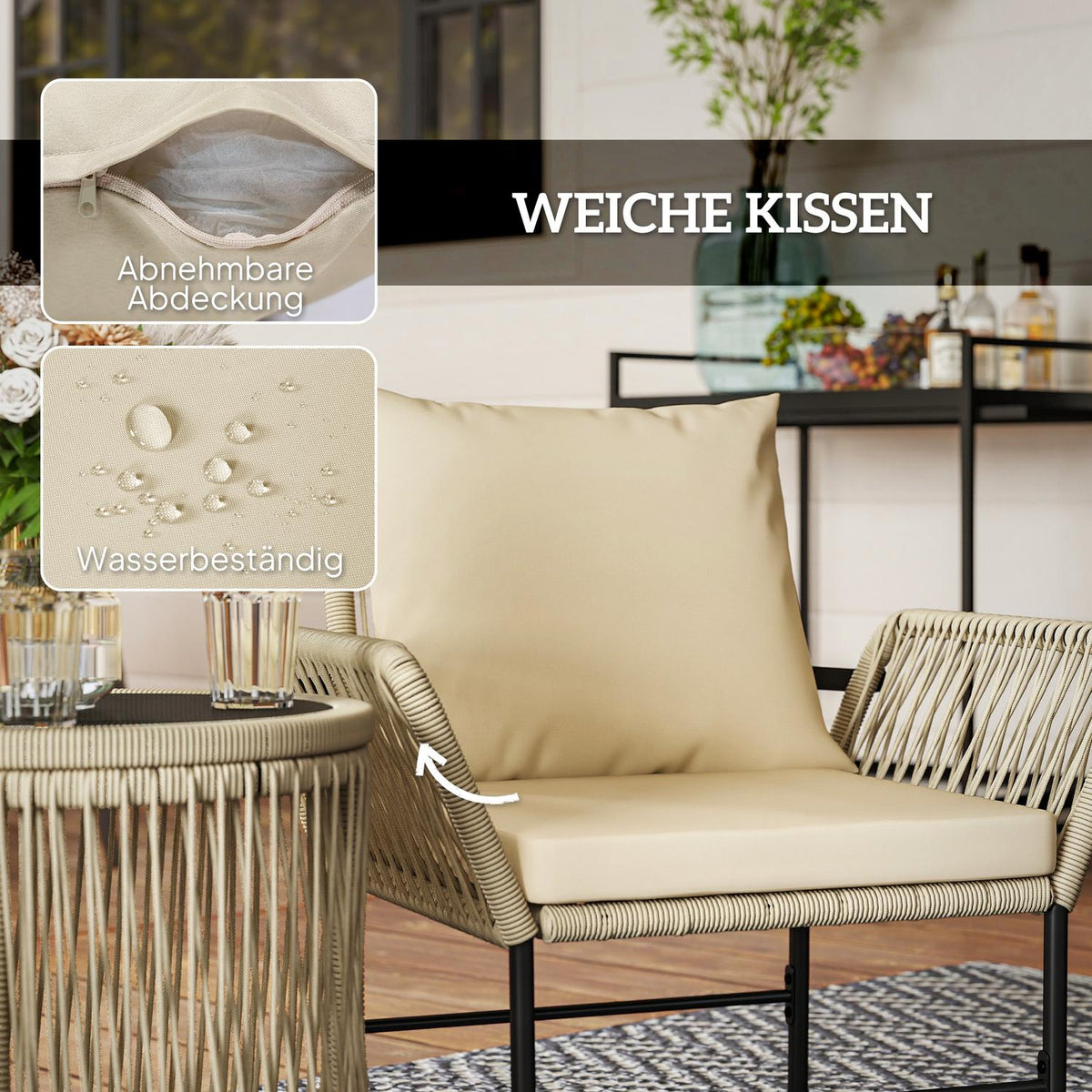 Polyrattan garden furniture set, outdoor lounge balcony furniture for 2 people, 3-piece seating group with 2 chairs, side table seat cushion, weatherproof garden lounge for garden, balcony, khaki + beige |