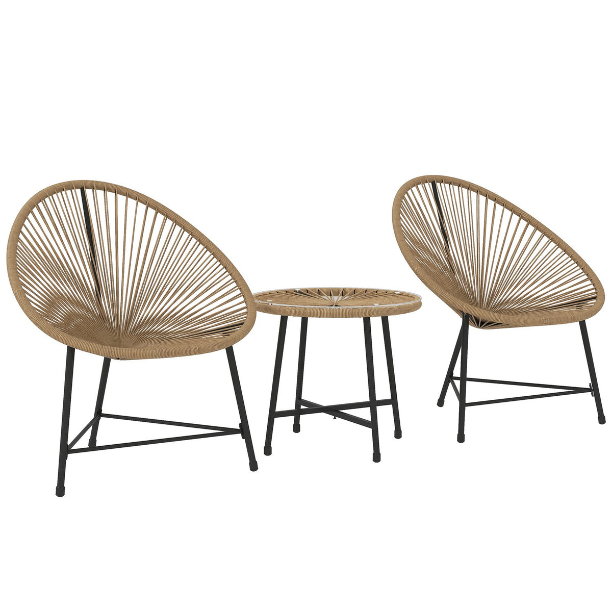 Polyrattan garden furniture set, outdoor lounge balcony furniture for 2 people, 3-piece seating group with 2 chairs, table, weatherproof garden lounge for garden, terrace balcony, natural wood