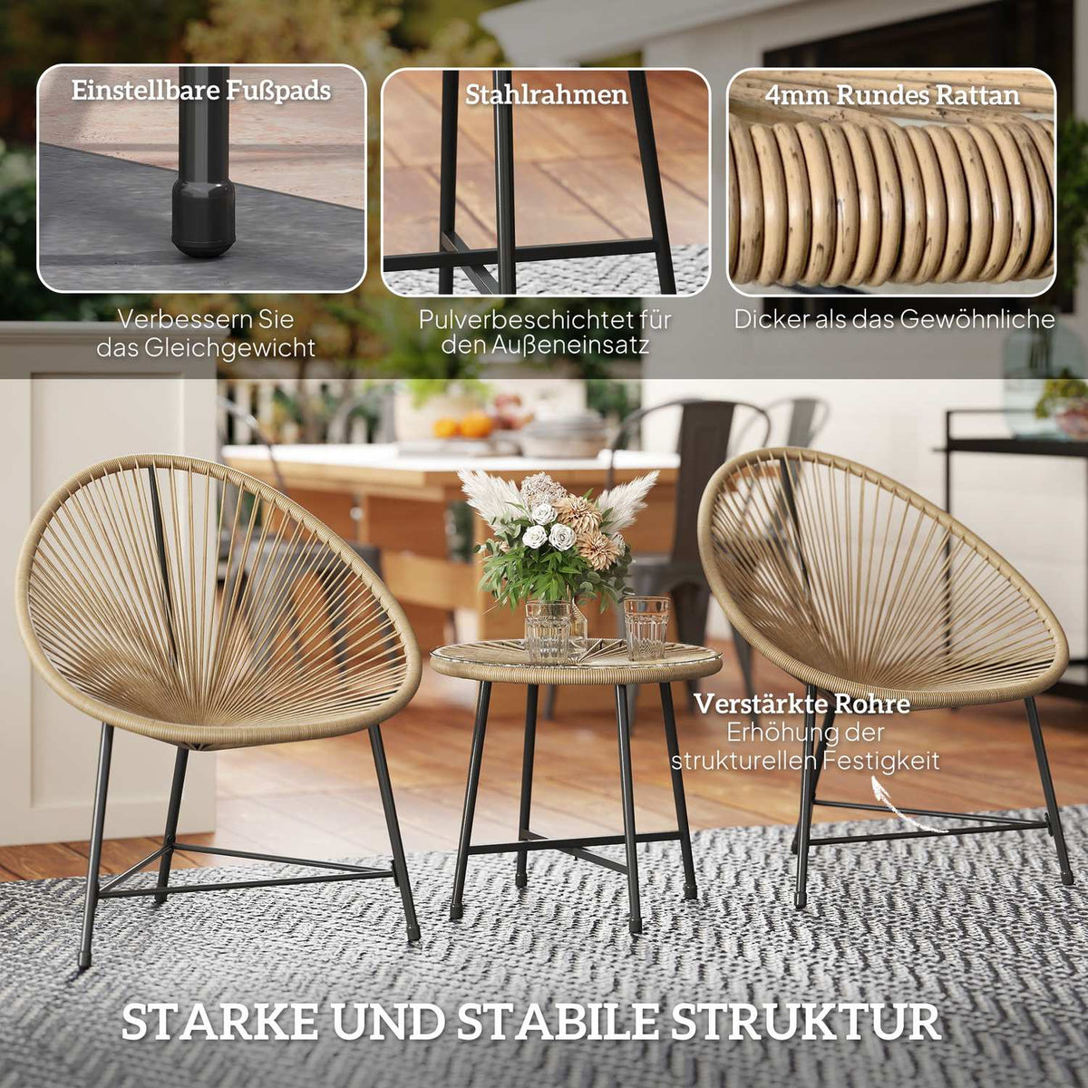 Polyrattan garden furniture set, outdoor lounge balcony furniture for 2 people, 3-piece seating group with 2 chairs, table, weatherproof garden lounge for garden, terrace balcony, natural wood