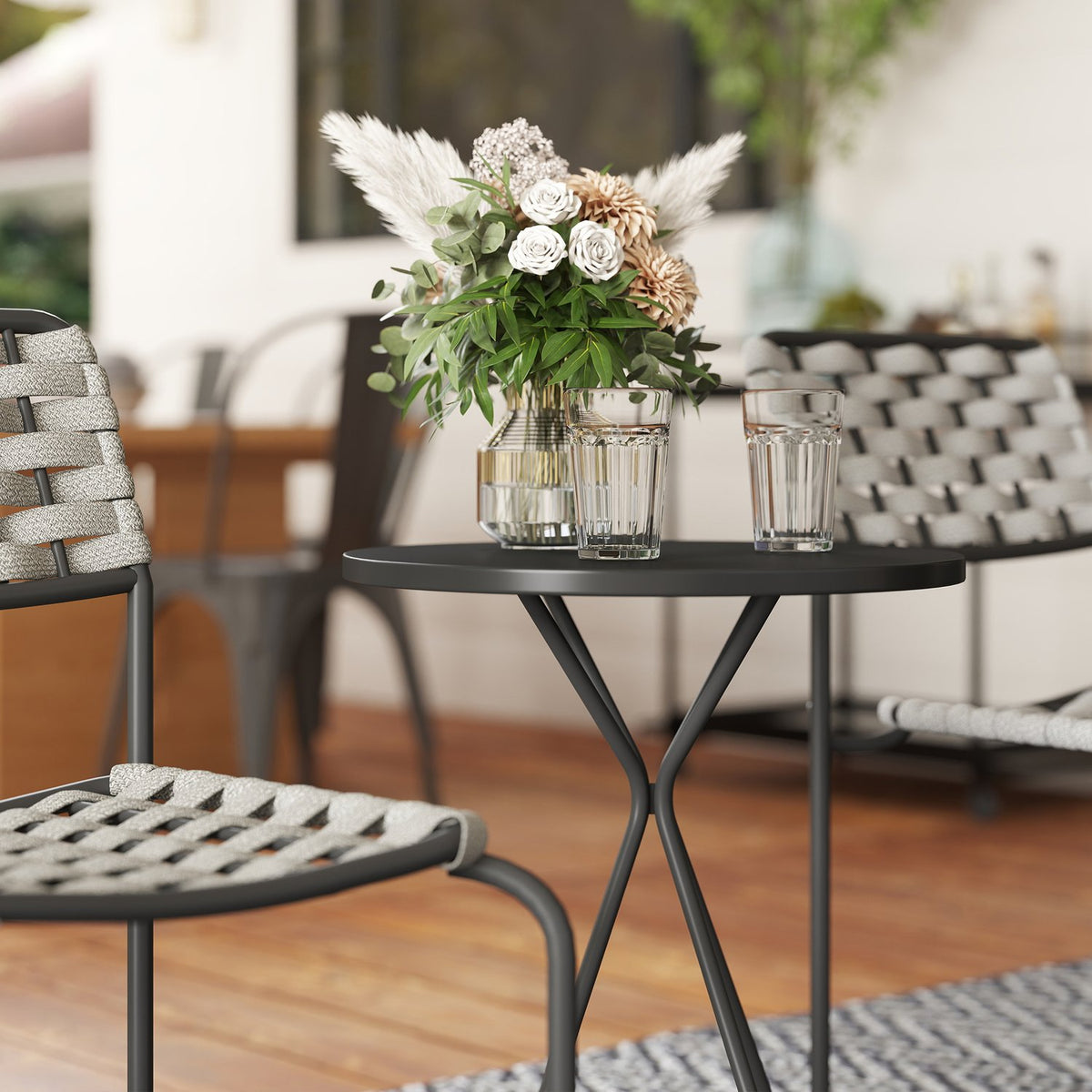 Polyrattan garden furniture set, outdoor lounge balcony furniture for 2 people, 3-piece seating group with 2 stackable chairs, table, weatherproof garden lounge for garden, terrace balcony, gray