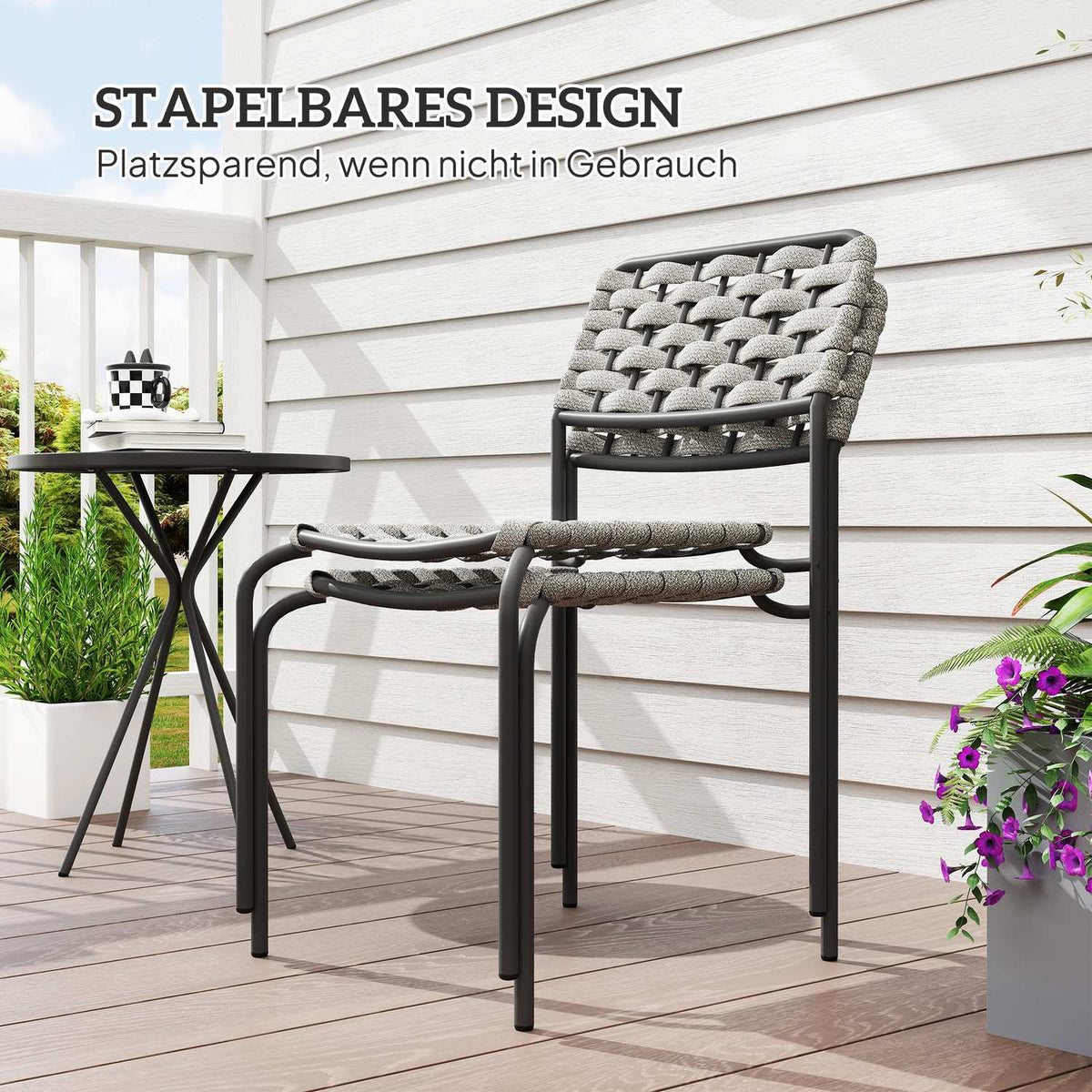 Polyrattan garden furniture set, outdoor lounge balcony furniture for 2 people, 3-piece seating group with 2 stackable chairs, table, weatherproof garden lounge for garden, terrace balcony, gray