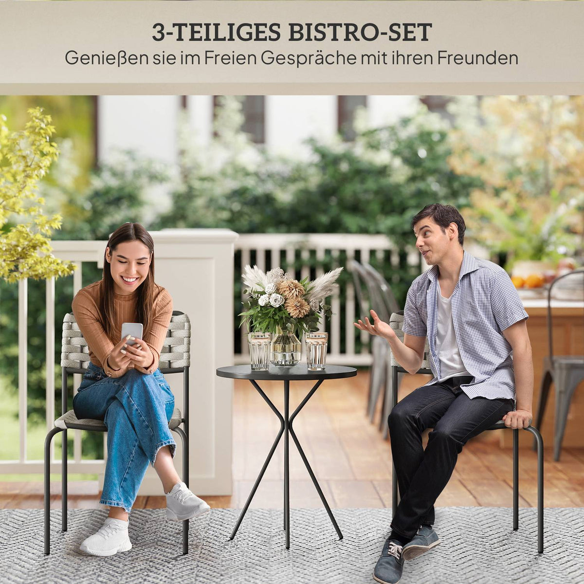 Polyrattan garden furniture set, outdoor lounge balcony furniture for 2 people, 3-piece seating group with 2 stackable chairs, table, weatherproof garden lounge for garden, terrace balcony, gray