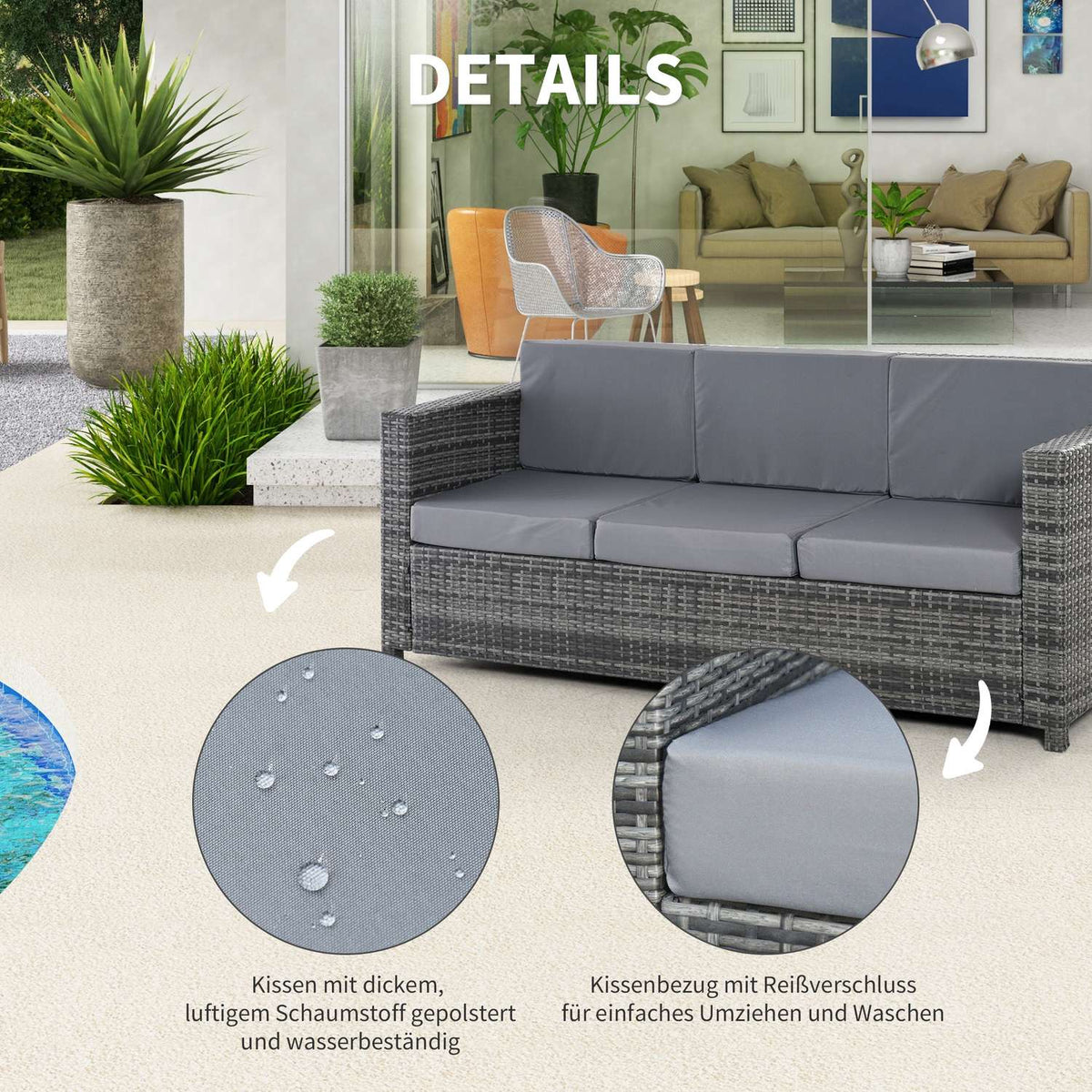 Poly rattan garden lounge sofa 3-seater with cushions, gray, metal & polyester, 185 x 70 x 80 cm, ideal for terrace & balcony