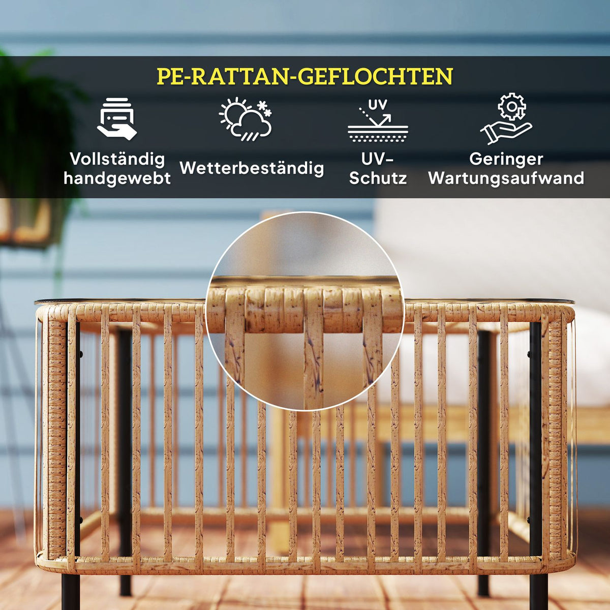 Polyrattan garden table, 65 x 65 x 43 cm, weatherproof side table, square patio table with glass top, coffee table, balcony table, garden furniture for garden, terrace, balcony, natural wood