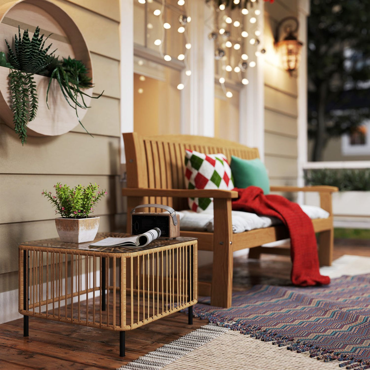 Polyrattan garden table, 65 x 65 x 43 cm, weatherproof side table, square patio table with glass top, coffee table, balcony table, garden furniture for garden, terrace, balcony, natural wood