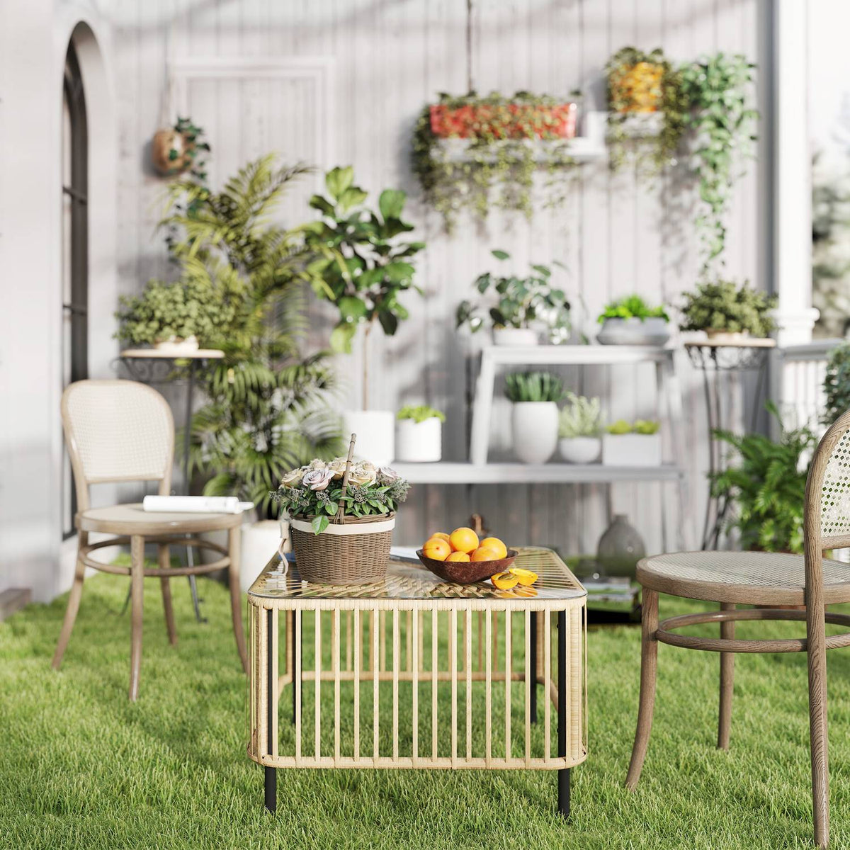 Polyrattan garden table, 65 x 65 x 43 cm, weatherproof side table, square patio table with glass top, coffee table, balcony table, garden furniture for garden, terrace, balcony, natural wood