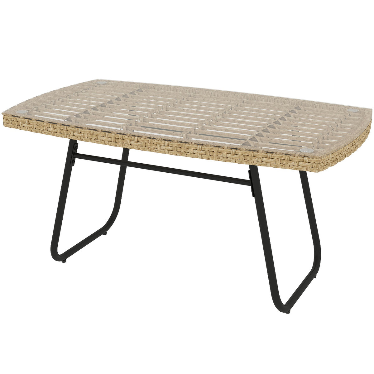 Polyrattan garden table, 90 x 50 x 45 cm, UV-resistant side table with glass top, rectangular patio table, balcony table for garden, terrace, balcony natural wood