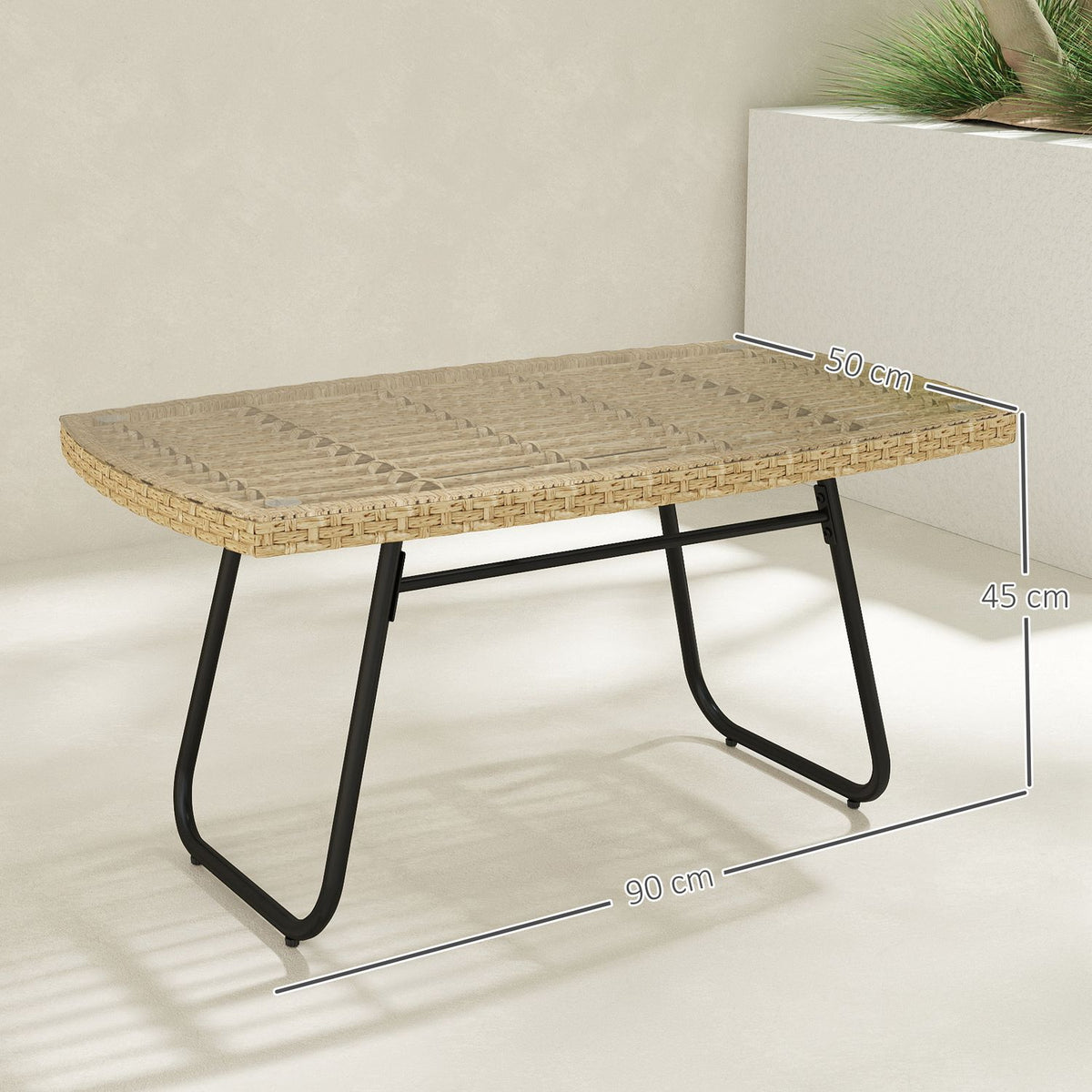 Polyrattan garden table, 90 x 50 x 45 cm, UV-resistant side table with glass top, rectangular patio table, balcony table for garden, terrace, balcony natural wood