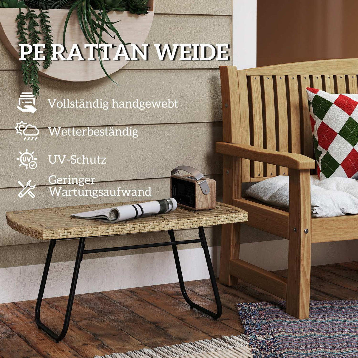 Polyrattan garden table, 90 x 50 x 45 cm, UV-resistant side table with glass top, rectangular patio table, balcony table for garden, terrace, balcony natural wood