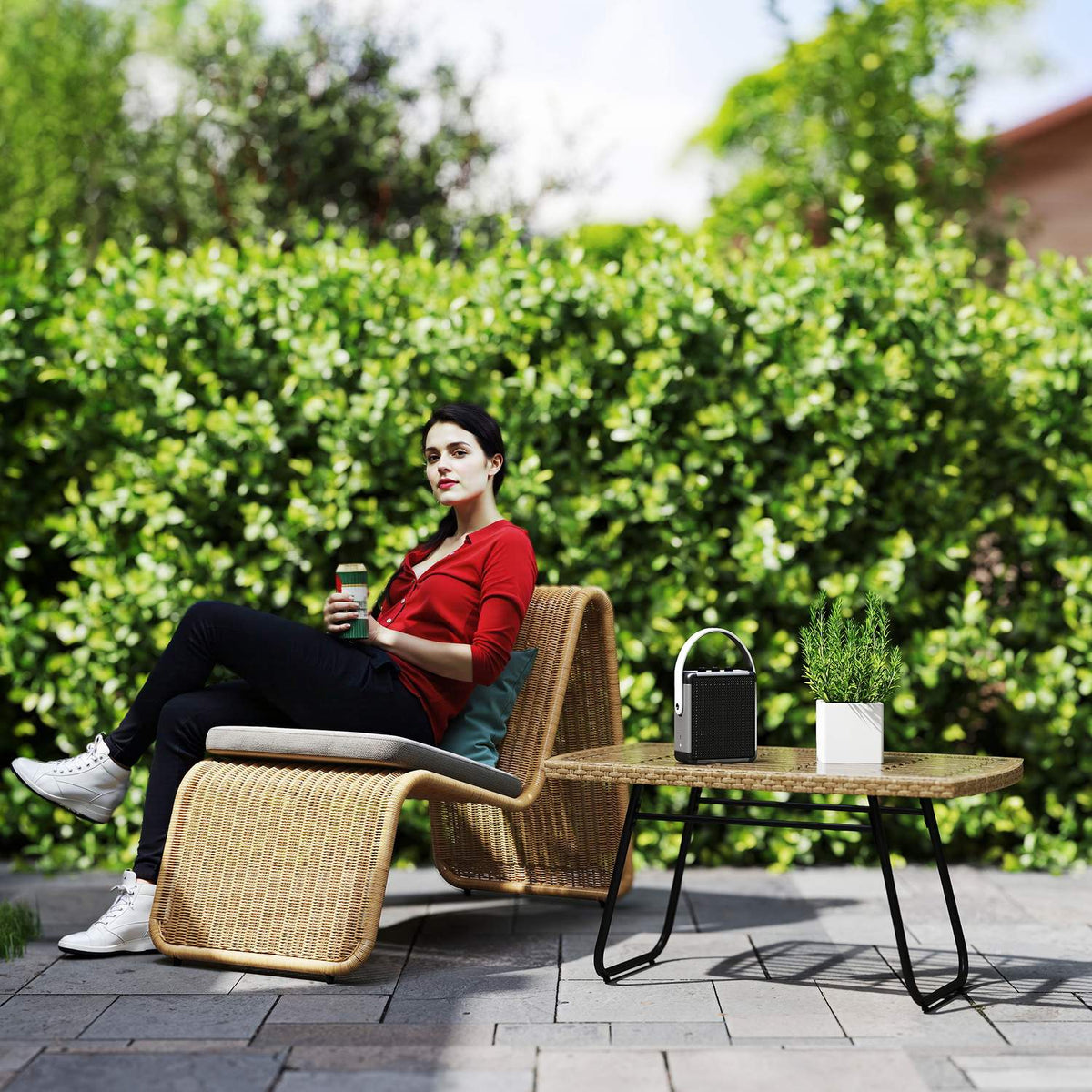 Polyrattan garden table, 90 x 50 x 45 cm, UV-resistant side table with glass top, rectangular patio table, balcony table for garden, terrace, balcony natural wood