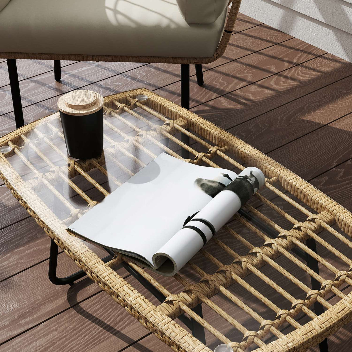 Polyrattan garden table, 90 x 50 x 45 cm, UV-resistant side table with glass top, rectangular patio table, balcony table for garden, terrace, balcony natural wood